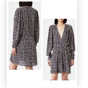 Isabel Marant Etoile Arone Long Sleeve Abstract Print V-Neck Black Dress $595
